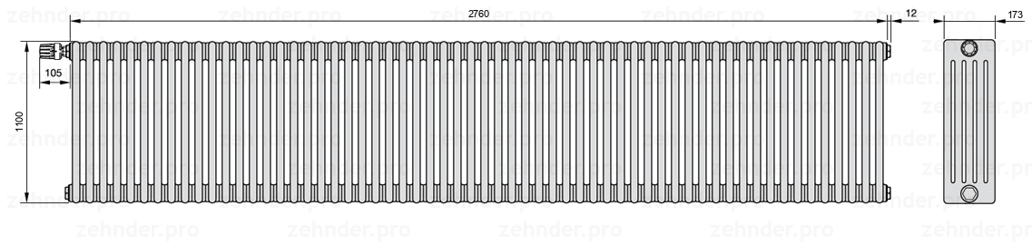 Схема (чертеж) Радиатор Zehnder Charleston 5110/60 №V011 Белый глянцевый RAL 9016
